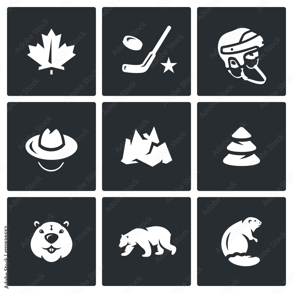 Vector Set of Canada Icons. Maple Leaf, Hockey, Helmet, Scout, Mountain, Forest, Beaver, Polar Bear.