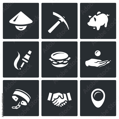 Vector Set of Cheap Labor Icons. Worker, Tool, Economy, Production, Food, Payment, Slavery, Agreement, Location.