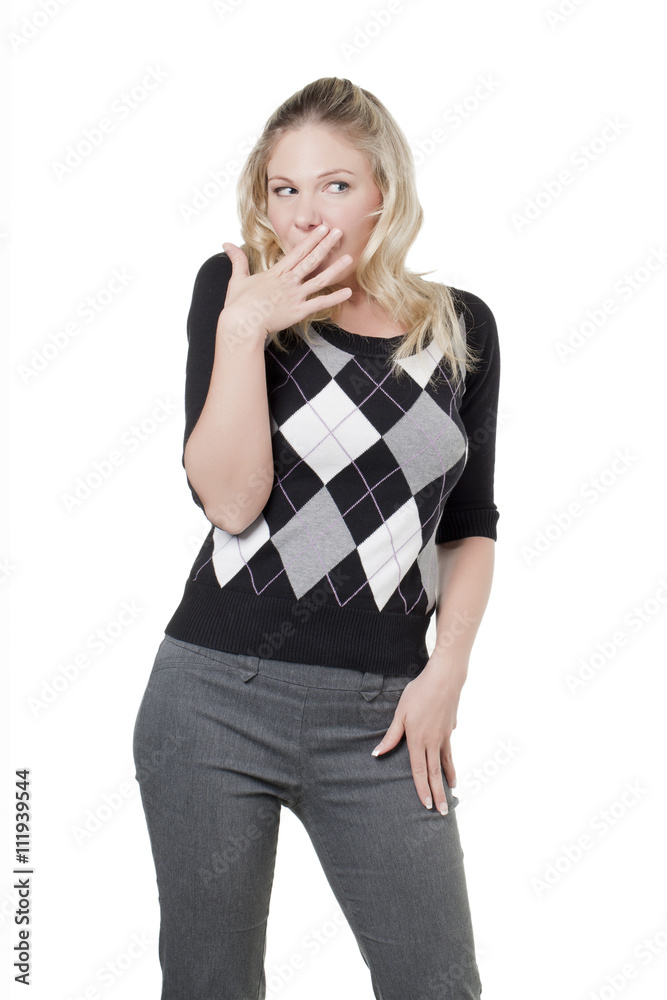 sarcastic woman covering her mouth sarcastic woman covering her mouth