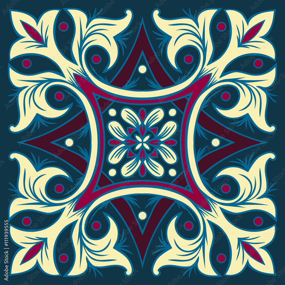 Hand drawing tile pattern in dark blue, purple and yellow colors. Italian majolica style. Hand drawing tile pattern in dark blue, purple and yellow colors. Italian majolica style.
