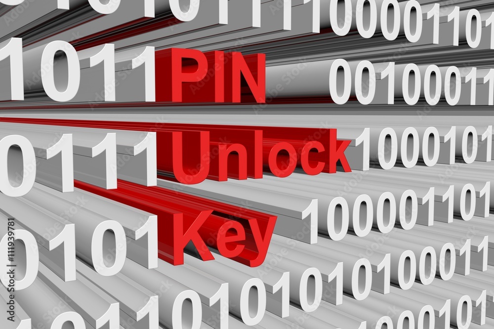 PIN unlock key is in the form of binary code, 3D illustration
