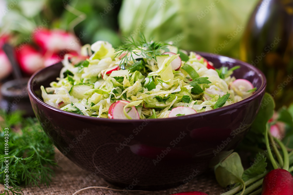 Vitamin salad of young vegetables: cabbage, radish, cucumber and fresh herbs Vitamin salad of young vegetables: cabbage, radish, cucumber and fresh herbs
