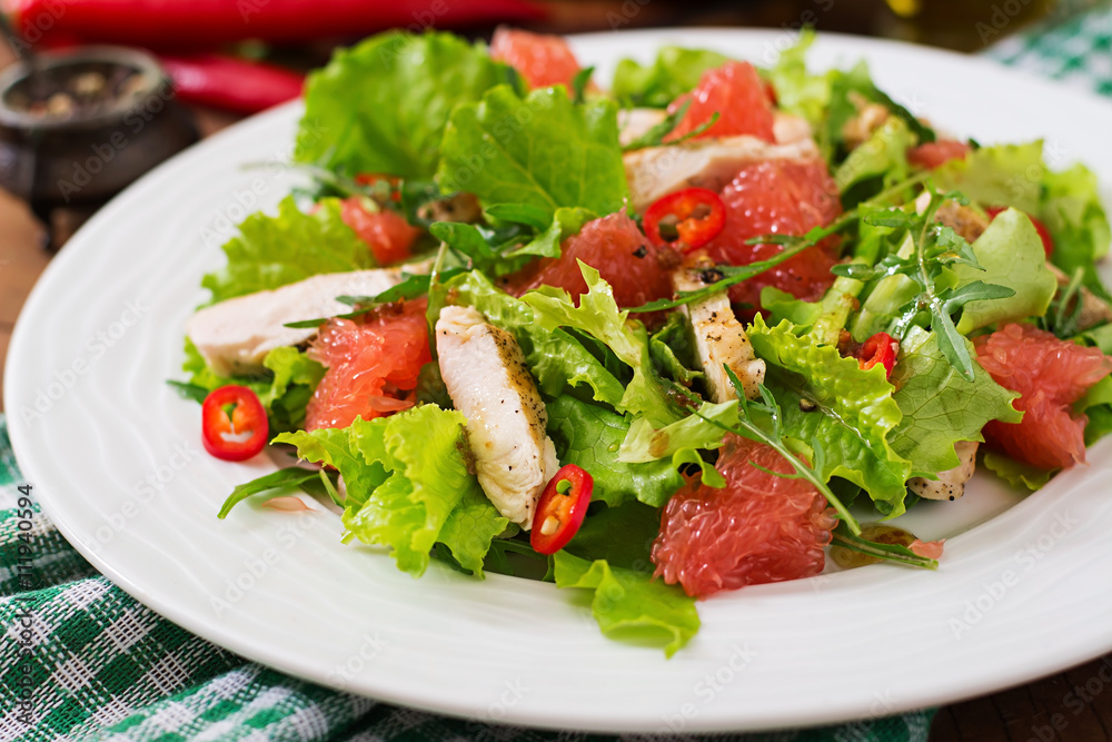 Fresh chicken salad, grapefruit, lettuce and honey mustard dressing. Dietary menu. Proper nutrition. Fresh chicken salad, grapefruit, lettuce and honey mustard dressing. Dietary menu. Proper nutrition.