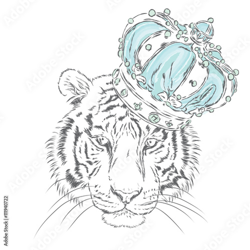 Tiger in the crown. Vector illustration. King. Print for clothes  cards or posters.
