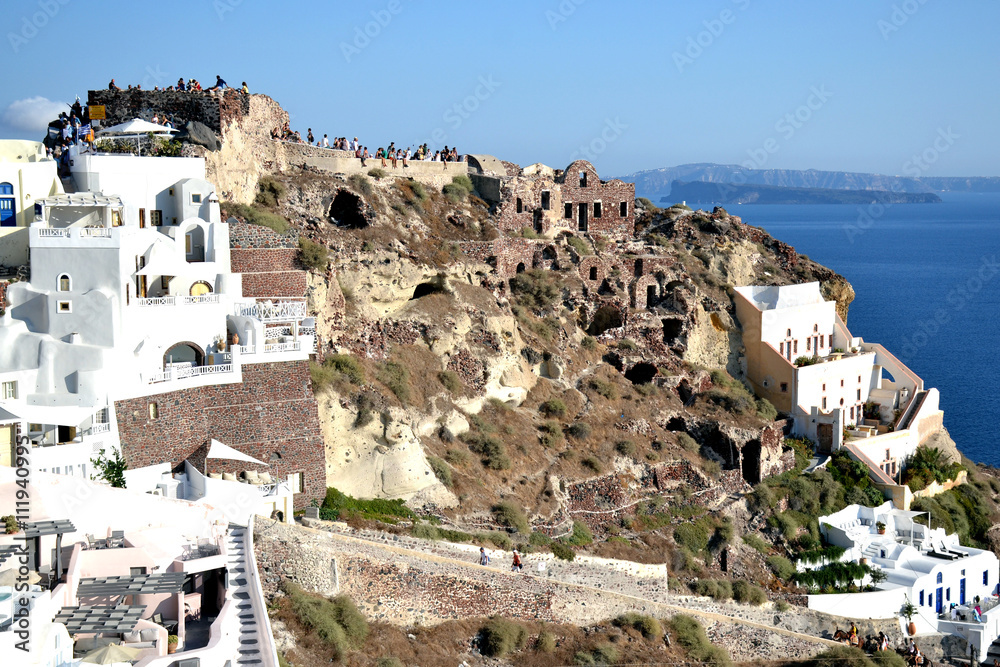 Vew of the island of Santorini with buildings and costs