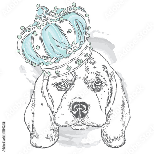 Cute dog wearing a crown . Vector .  element for printed products or prints on clothes and accessories .