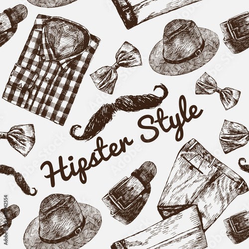 Vector Hipster Style Set #3. Hipster accessories in retro sepia style on white background. Seamless pattern.