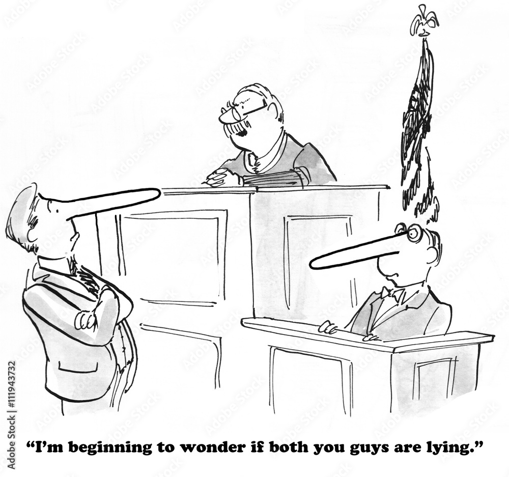 Legal cartoon where the judge thinks the lawyer and the witness are