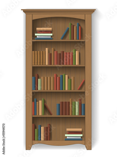 Wooden bookcase with books on the shelves. Furniture for interior library or cabinet. Element of interior decoration - detailed vector isolated.