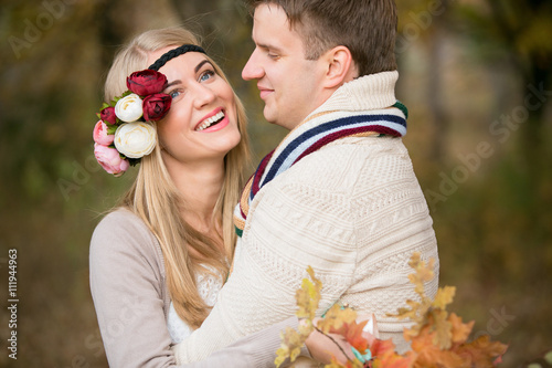 Autumn wedding in boho style. Loving couple, man and woman.