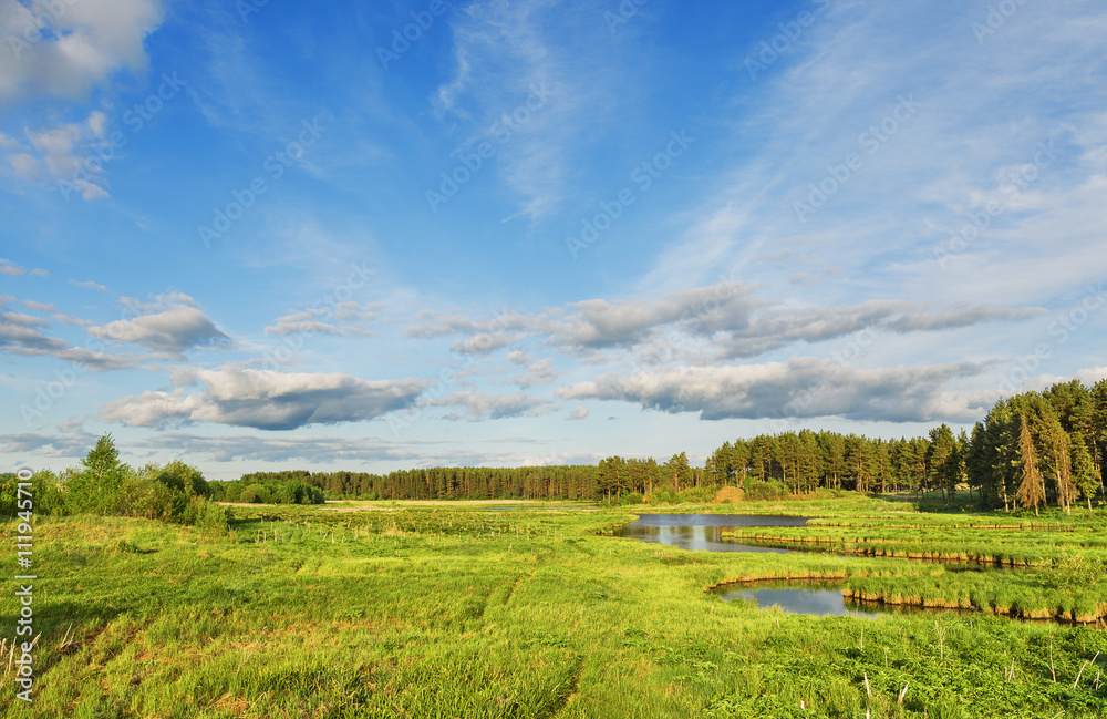 summer landscape with river and clouds on blue sky