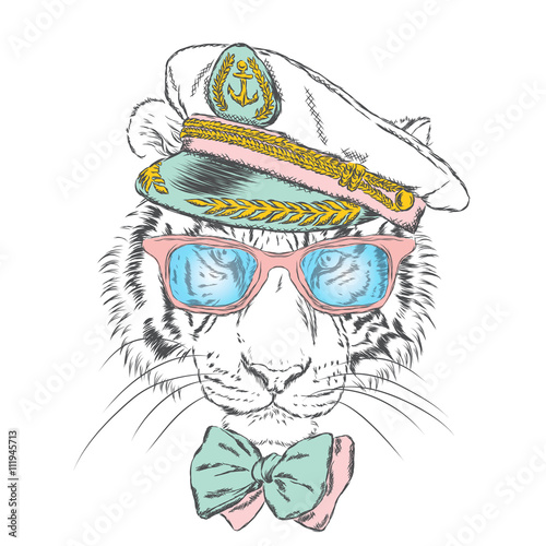 Fototapeta Naklejka Na Ścianę i Meble -  Tiger in the captain's cap. Cute tiger. Vector .