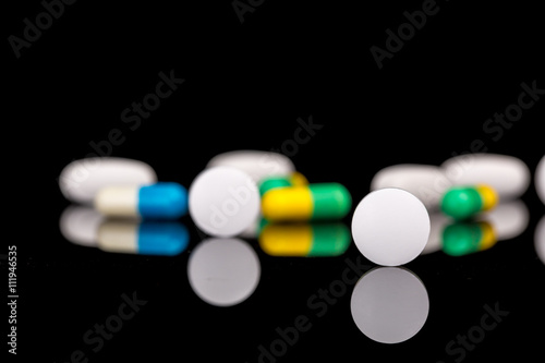 Medicine drug on black background.  Pharmaceutical medicament