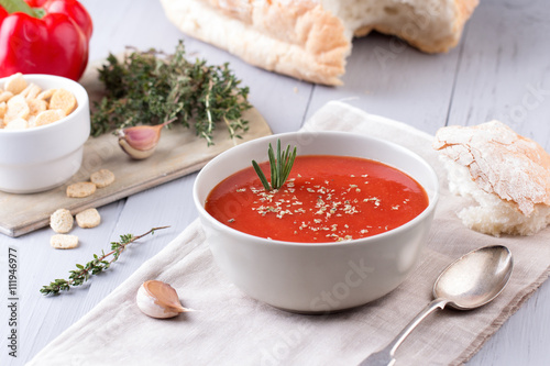 Obraz na plátně fresh tomato soup in a grey bowl
