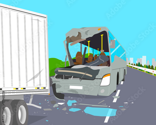 The bus driver did not have time to slow down and two car crashed on the road. Vector illustration