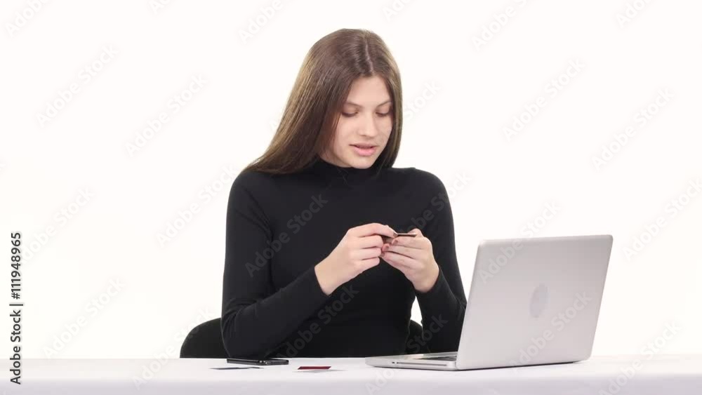 Girl buyer orders a product online and immediately receives it. White Girl buyer orders a product online and immediately receives it. White
