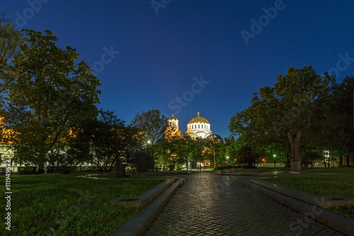 Night photo of Alexander Nevsky Cathedral, Sofia, Bulgaria