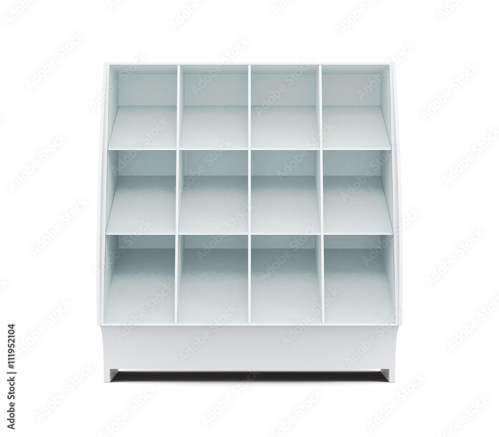 Supermarket showcase with shelves isolated on white background. Front view. Glassed showcase. 3d rendering Supermarket showcase with shelves isolated on white background. Front view. Glassed showcase. 3d rendering