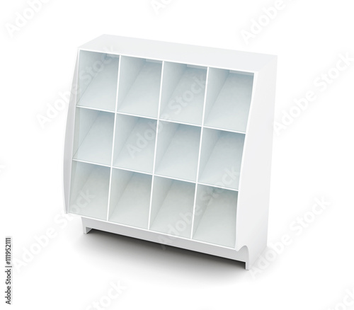 Display with shelves isolated on white background. Supermarket showcase. Glassed showcase. 3d render image