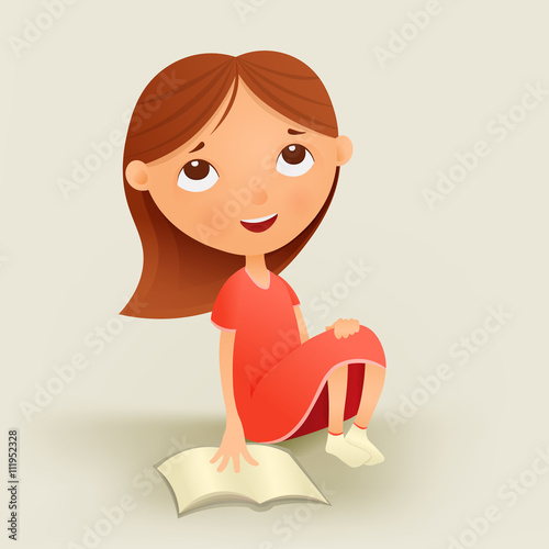 Dreaming girl in red dress with textbook