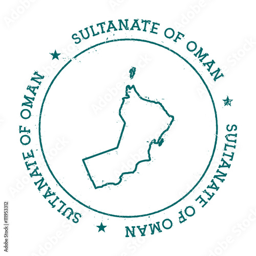 Oman vector map. Retro vintage insignia with country map. Distressed visa stamp with Oman text wrapped around a circle and stars. USA state map vector illustration.