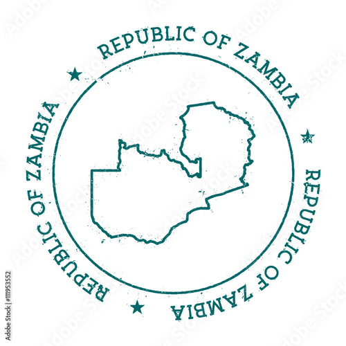 Zambia vector map. Retro vintage insignia with country map. Distressed visa stamp with Zambia text wrapped around a circle and stars. USA state map vector illustration.