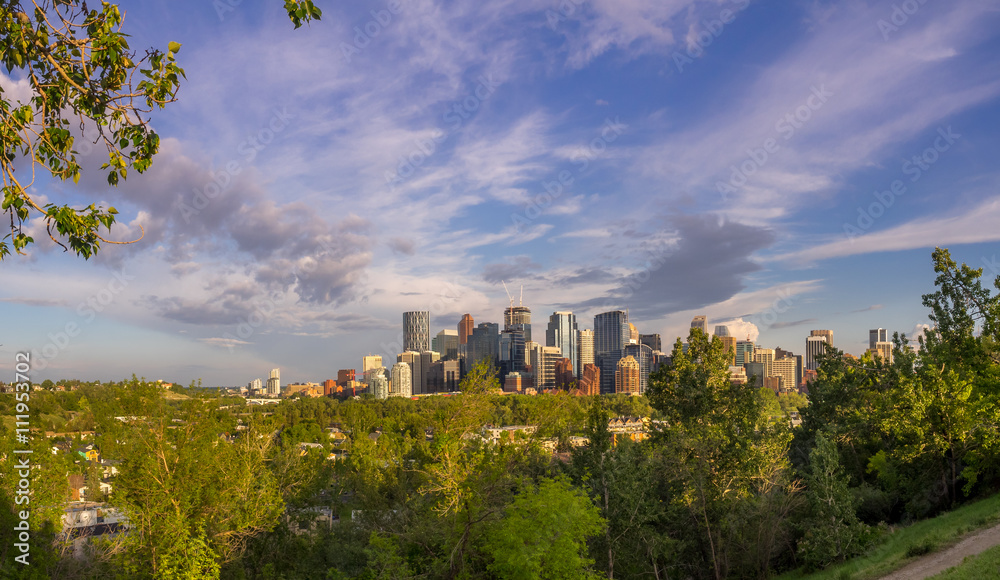 View of the Calgary skyline  in the evening with parkland in the foreground.
