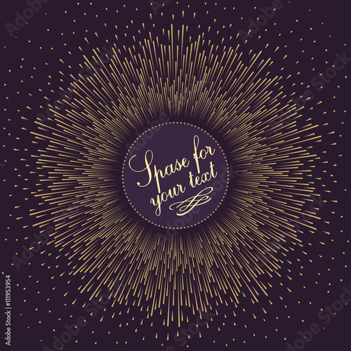 Abstract composition in the form of an explosion of fireworks against a dark background. Empty space for your text. Stripes and dots of varying thickness, arranged in a circle.