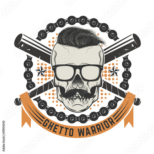 Ghetto warrior. Skull with moustache and sunglases. Design eleme