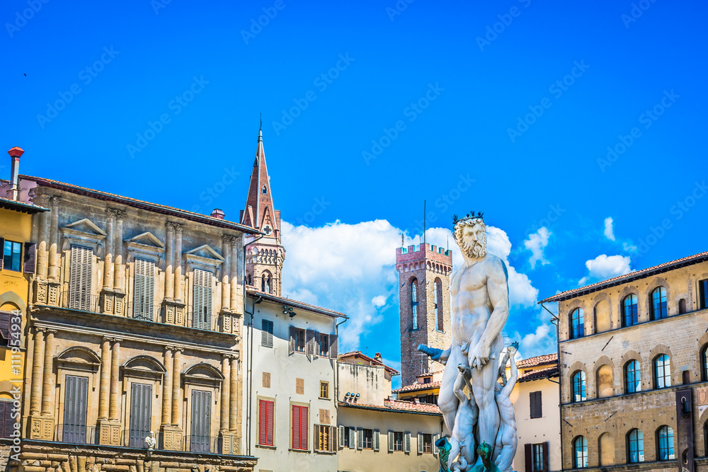 Florence Italy architecture square. / Piazza dei Signoria in Florence, Italy, Tritone view. 