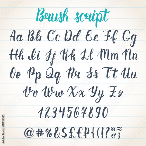 Hand drawn latin calligraphy brush script with numbers and symbols. Calligraphic alphabet. Vector