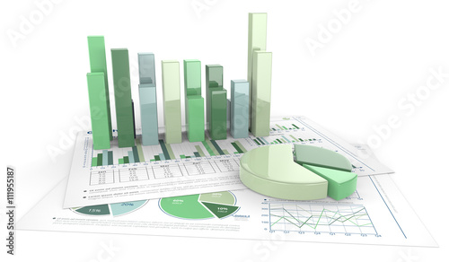Green financial documents. 3D render of Green financial documents with graphs and pie charts of glass.