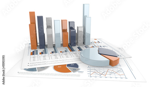 Graphs and Charts. 3D render of financial documents with graphs and pie charts. Calm Colors.