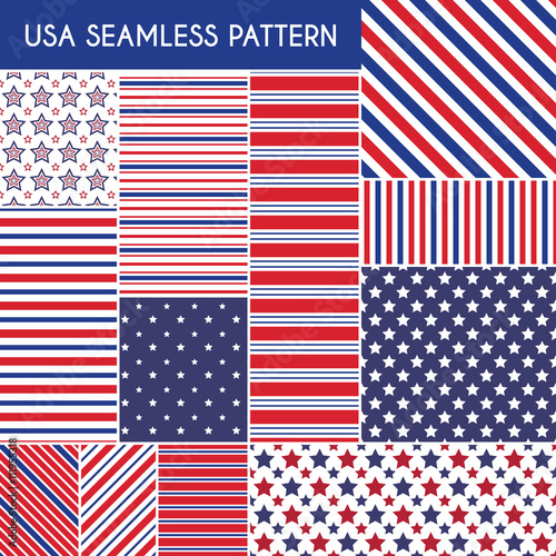 Patriotic red, white, blue geometric seamless patterns