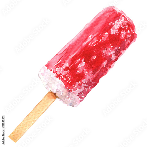Red fruit ice cream on wooden stick isolated, watercolor illustration