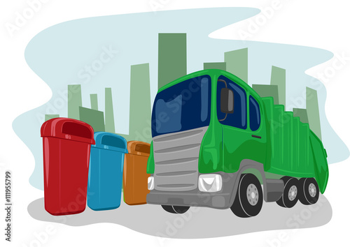 Recycling truck picking up bins