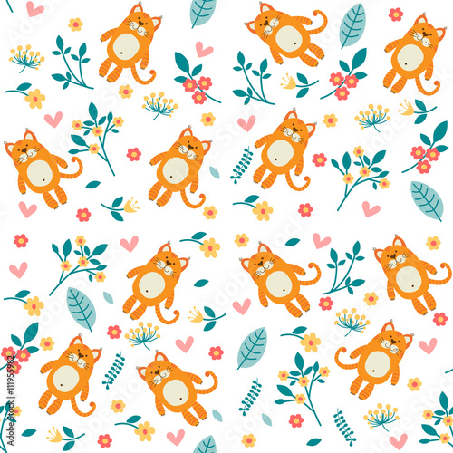 Orange cat and flowers, seamless pattern © orlowa13