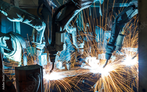 The movement of the robot welding in an auto parts factory.