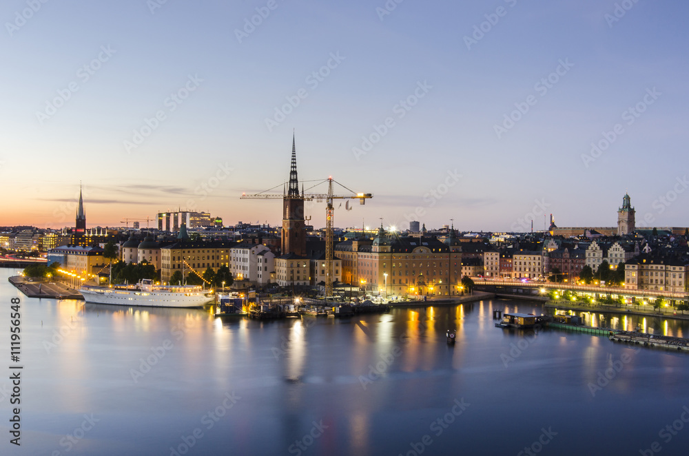 Night panorama of the Old Town Gamla Stan in Stockholm, Sweden