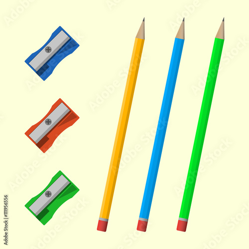 Set of colored pencils and sharpeners