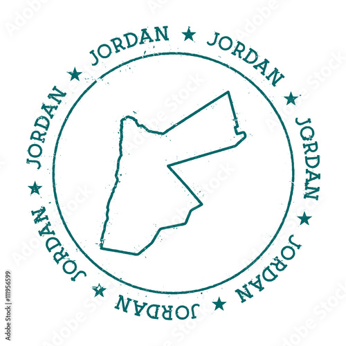 Jordan vector map. Retro vintage insignia with country map. Distressed visa stamp with Jordan text wrapped around a circle and stars. USA state map vector illustration.