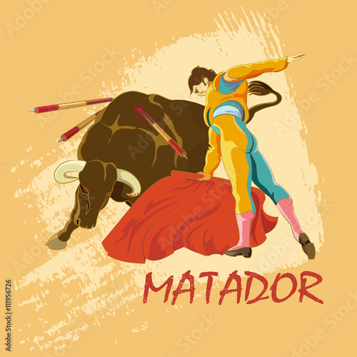 Confrontation with buffalo matador. Illustration for design bullfight tickets, bars, pubs, sports and entertainment.