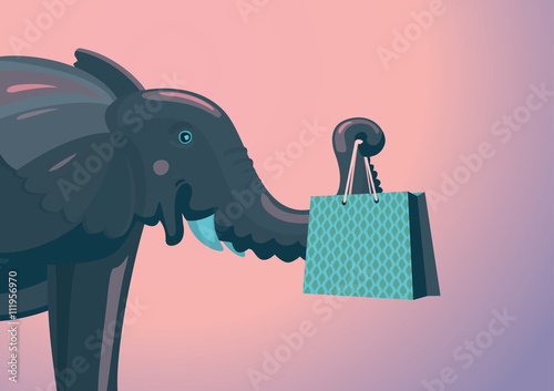 Funny elephant is holding a pack with purchase.