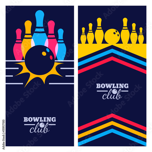 Set of bowling banner backgrounds, poster, flyer or label design elements. Abstract vector illustration of bowling game on black background. Colorful bowling ball, bowling pins.