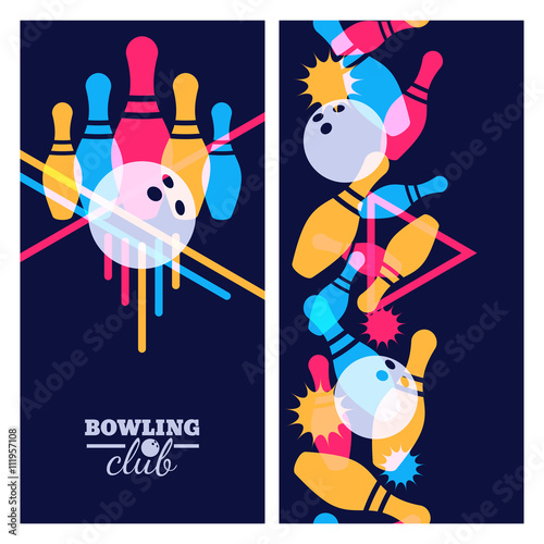 Set of bowling banner, poster, flyer or label design elements. Vertical seamless colorful black background. Abstract vector illustration of bowling game. Colorful bowling ball, bowling pins.