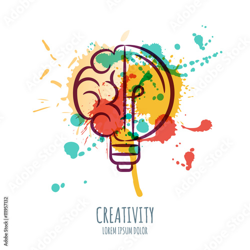 Vector watercolor illustration of brain and light bulb. Abstract watercolor background with human brain and bulb. Design concept for business solutions, high technology, development or creativity.