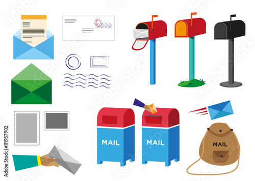 Set of Postal Service objects signs and symbols. Editable Clip Art.
