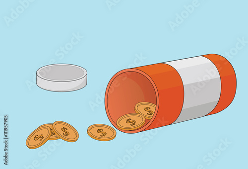 Medical bottle with coins. Drug price concept.