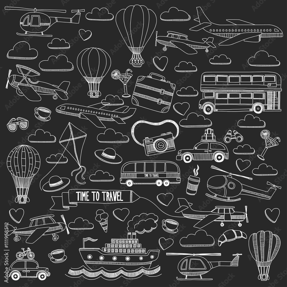 Vector doodle set of travel and transportation Car plane helicopter ballon ship Vector doodle set of travel and transportation Car plane helicopter ballon ship