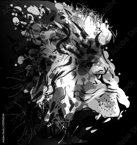 Grey scale digital painting of a lions head